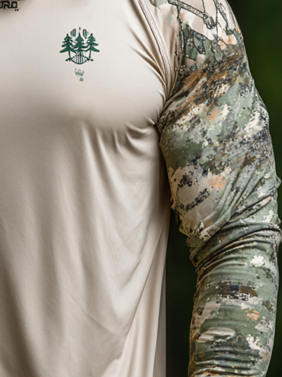 Men's Outdoor Sun Protection Breathable Cool Mask Beige with Camo Sleeve & Pine Tree Logo Hooded Sun Protection Long Sleeve Top-SunSeaUp