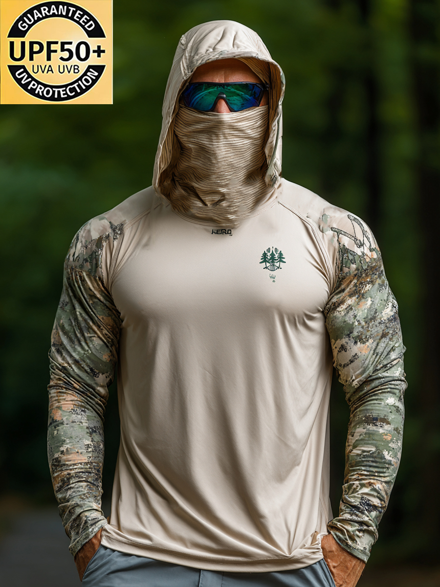 Men's Outdoor Sun Protection Breathable Cool Mask Beige with Camo Sleeve & Pine Tree Logo Hooded Sun Protection Long Sleeve Top-SunSeaUp