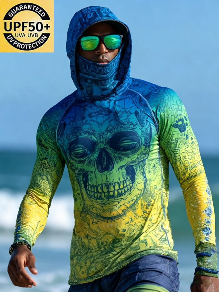 Men'S UPF 50+ Sun Protection Cool Gradient Skull And Palm Tree Print Hoodie-SunSeaUp