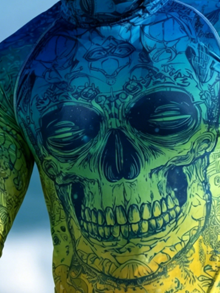 Men'S UPF 50+ Sun Protection Cool Gradient Skull And Palm Tree Print Hoodie-SunSeaUp