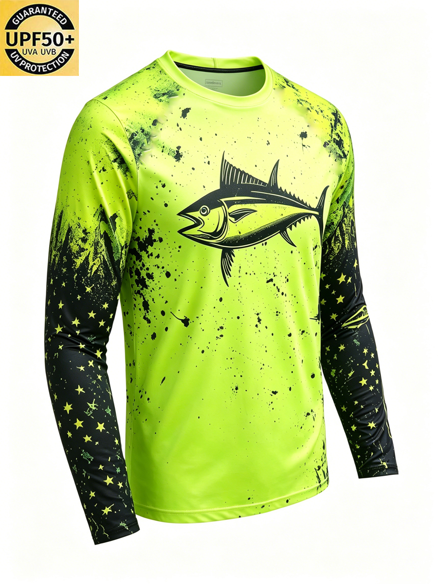 Men'S Crew Neck Fluorescent Green Tuna Print Sun Protection T-Shirt-SunSeaUp