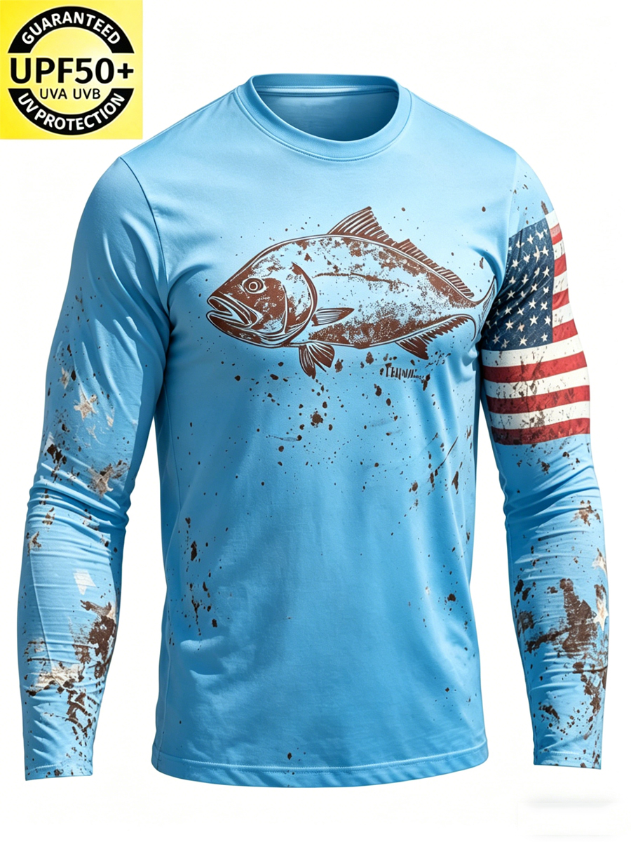 Men'S Crew Neck Mottled Print Sun Protection T-Shirt-SunSeaUp