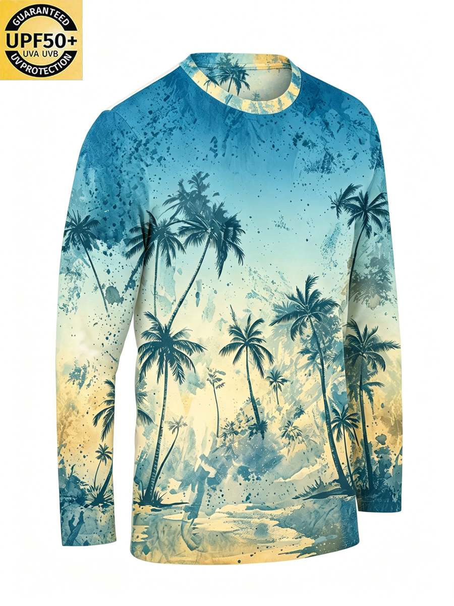 Men'S Coconut Tree Gradient Print Sunscreen T-Shirt-SunSeaUp