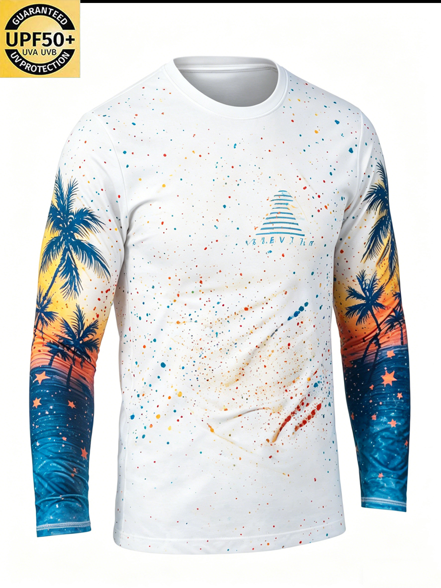 Men'S Beach Sunset Print Sun Protection T-Shirt-SunSeaUp