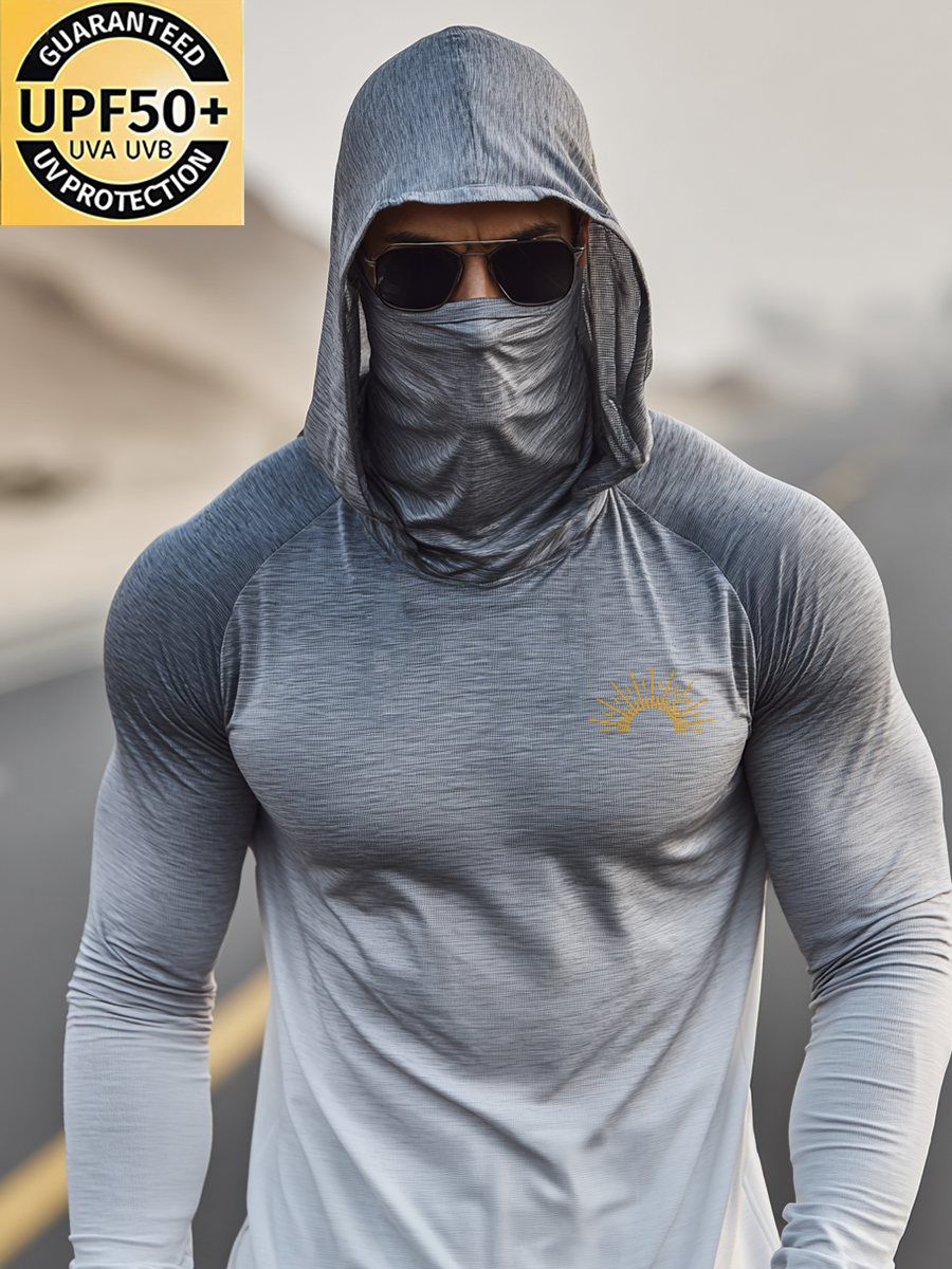 Men's Grey-White Gradient Sun Ray Logo Sun Protection Hoodie-SunSeaUp