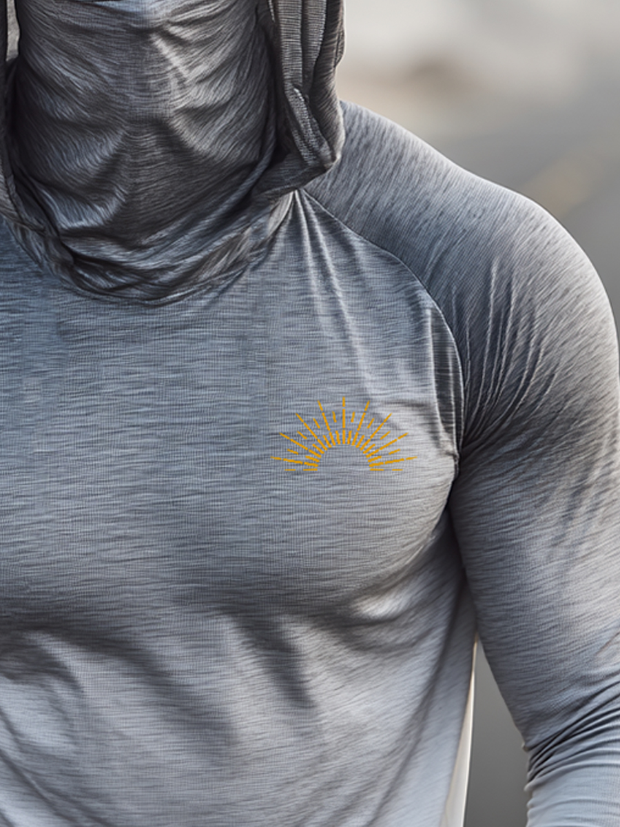 Men's Grey-White Gradient Sun Ray Logo Sun Protection Hoodie-SunSeaUp