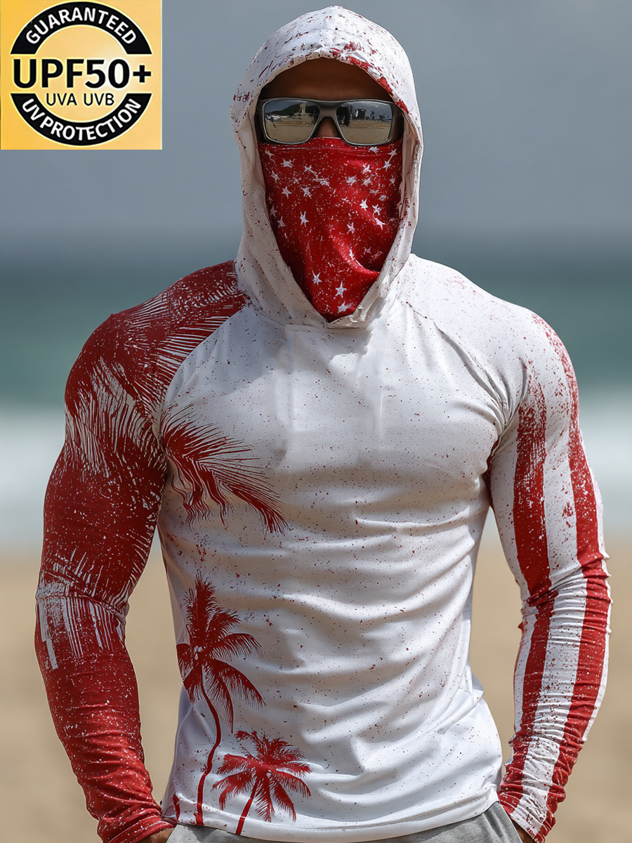 Men's Cool & Breathable Red-White Palm Tree Sun Hoodie-SunSeaUp