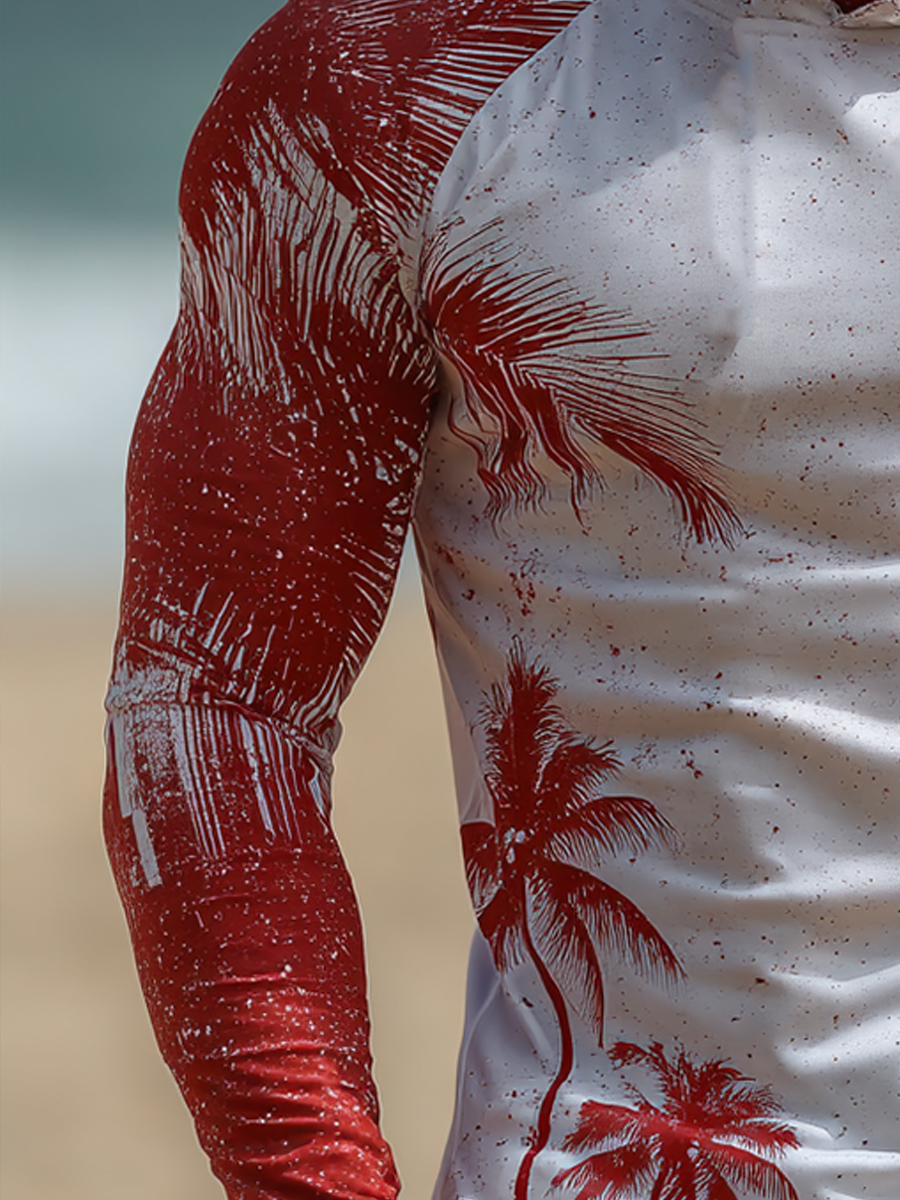 Men's Cool & Breathable Red-White Palm Tree Sun Hoodie-SunSeaUp