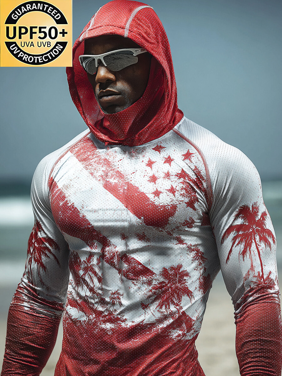 Men's Ultra-Cool Red-White Palm Tree Sun Hoodie-SunSeaUp