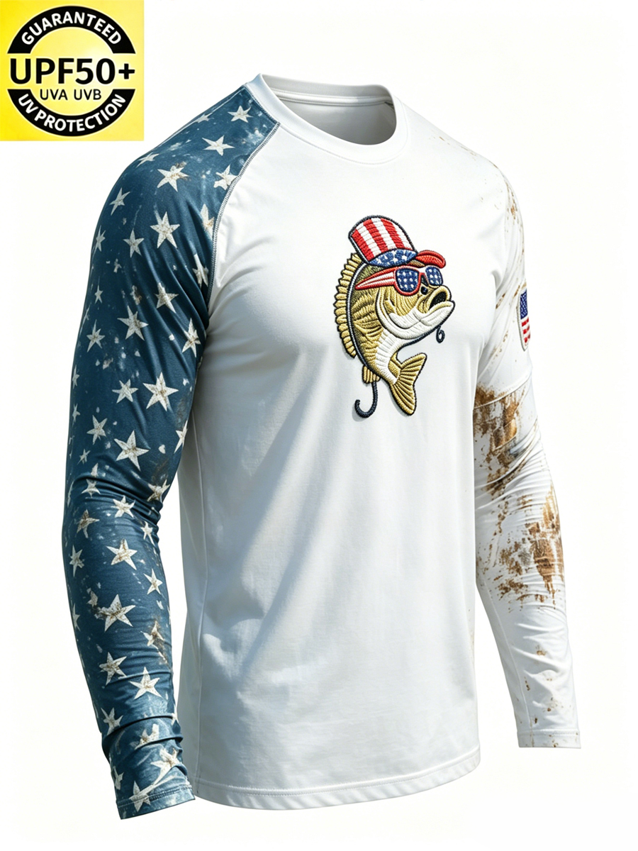 Men'S Retro Raglan Sleeve Cool Fish Print Sun Protection T-Shirt-SunSeaUp