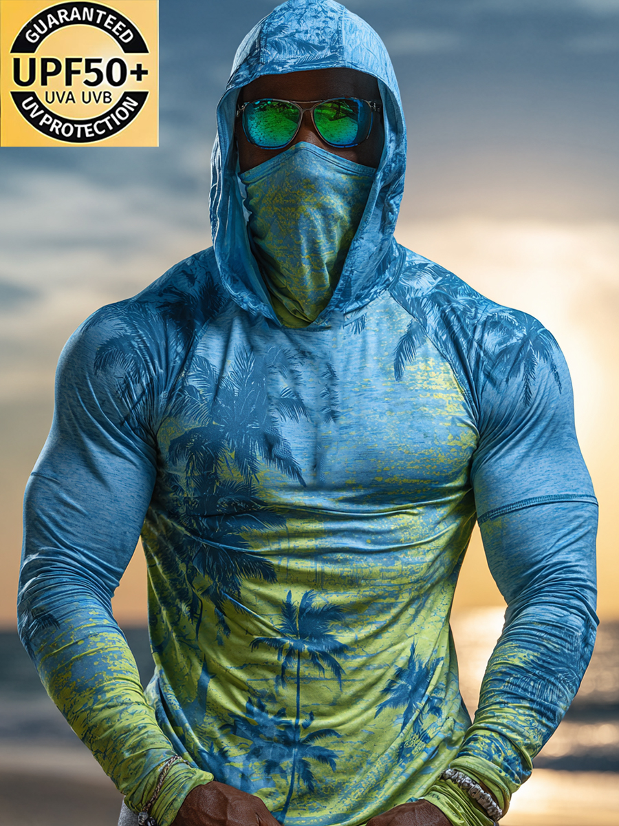 Men's Cool Breathable Blue-Green Palm Tree Sun Hoodie-SunSeaUp