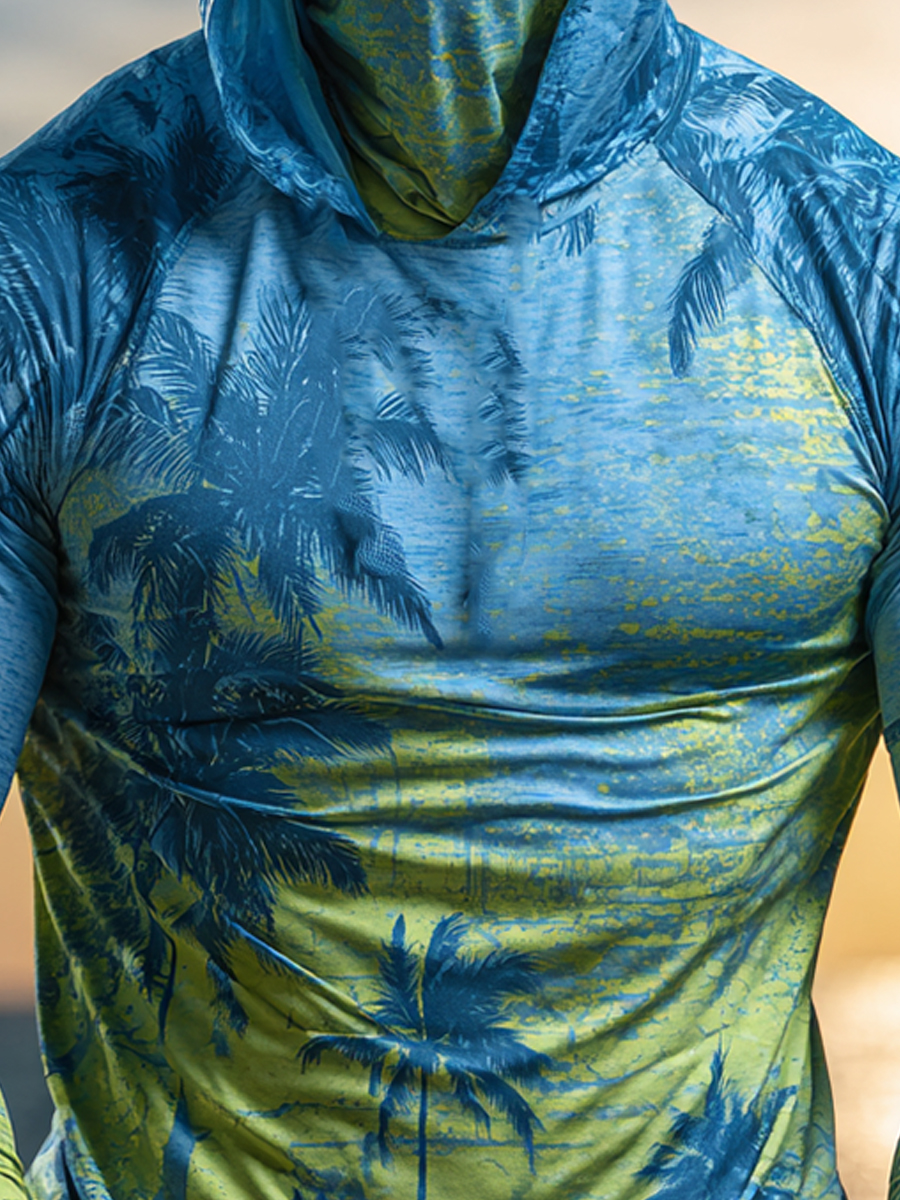 Men's Cool Breathable Blue-Green Palm Tree Sun Hoodie-SunSeaUp