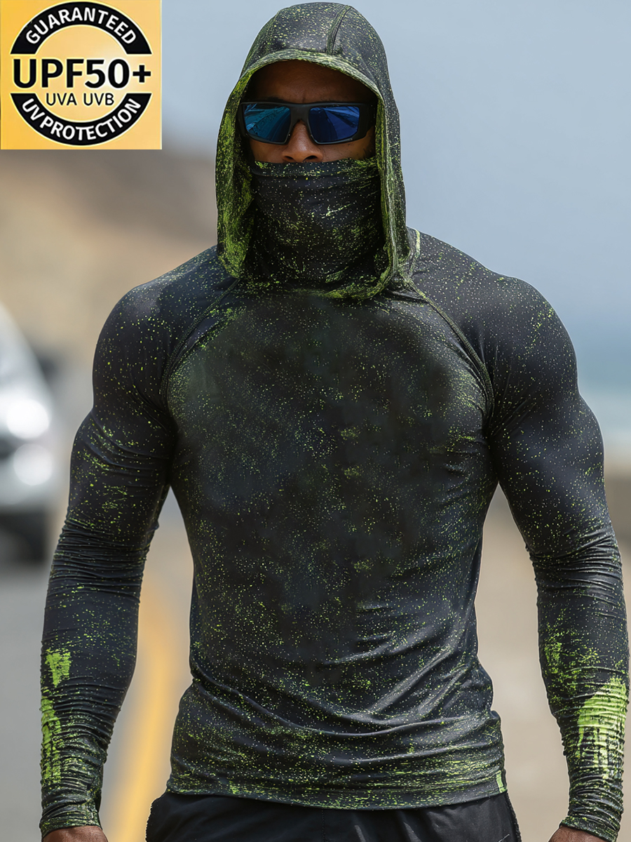 Men's Cool Breathable Black-Green Speckled Sun Hoodie-SunSeaUp