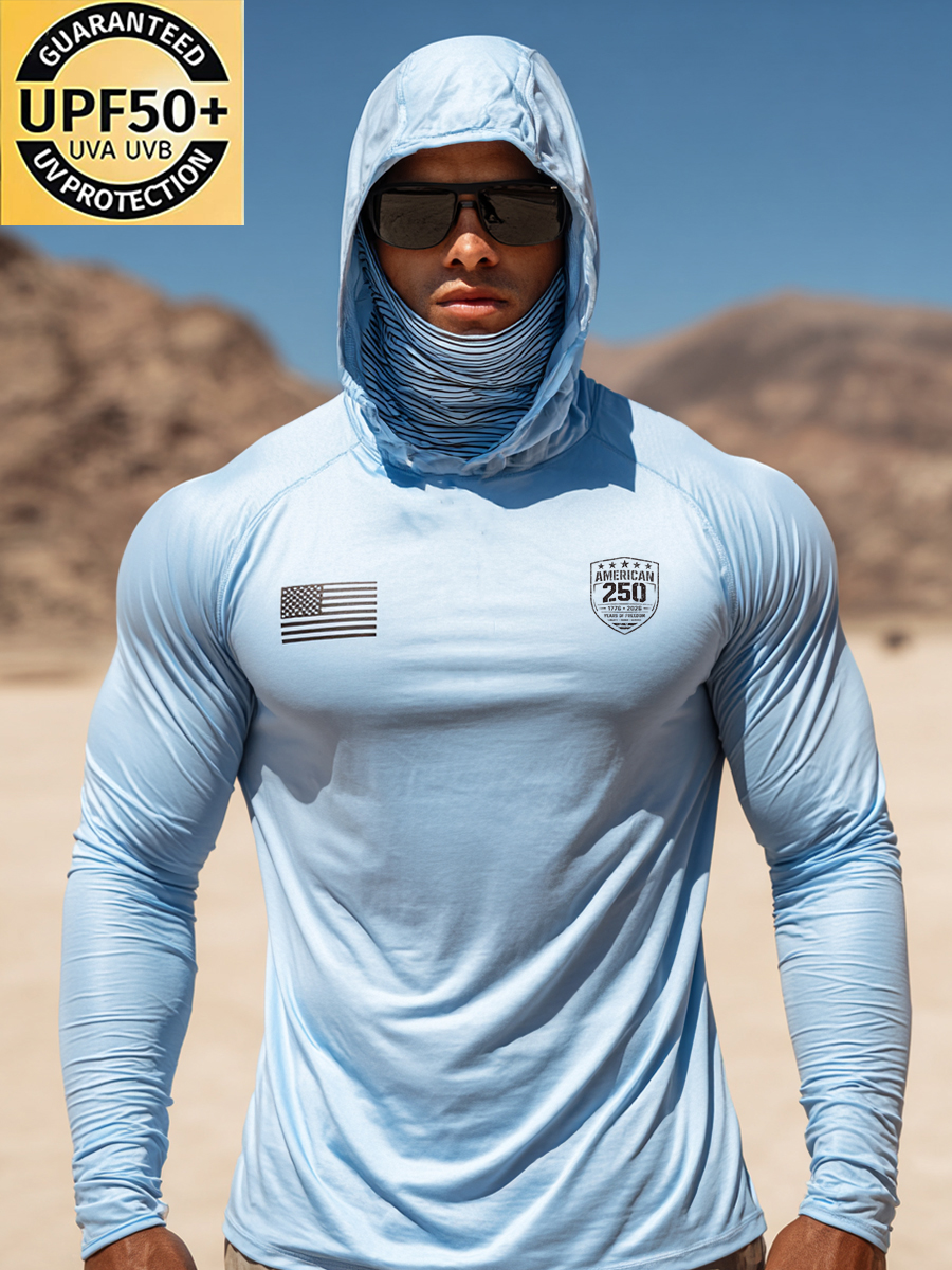 Men's Outdoor Sun Protection Breathable Cool Mask Light Blue with American Flag Print Hooded Sun Protection Long Sleeve Top-SunSeaUp