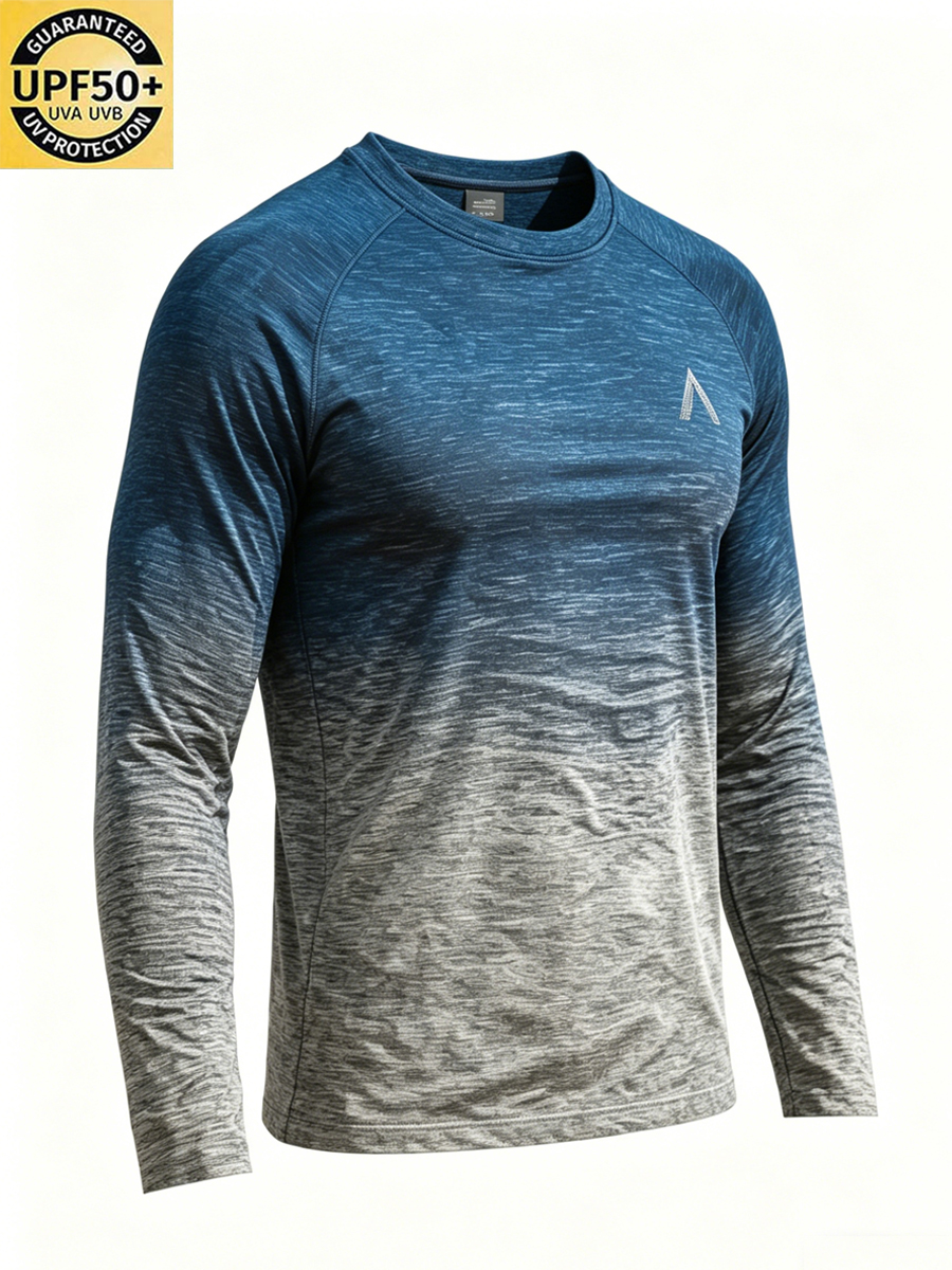 Men'S Retro Raglan Sleeve Blue-Gray Gradient Print Sun Protection T-Shirt-SunSeaUp