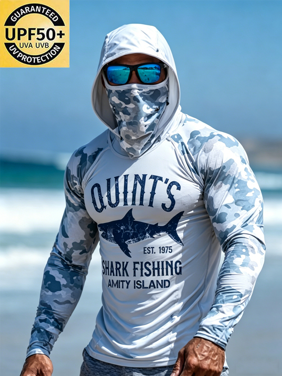 Men'S Shark Camouflage Print Breathable UPF 50+ Sun Protection Hoodie-SunSeaUp