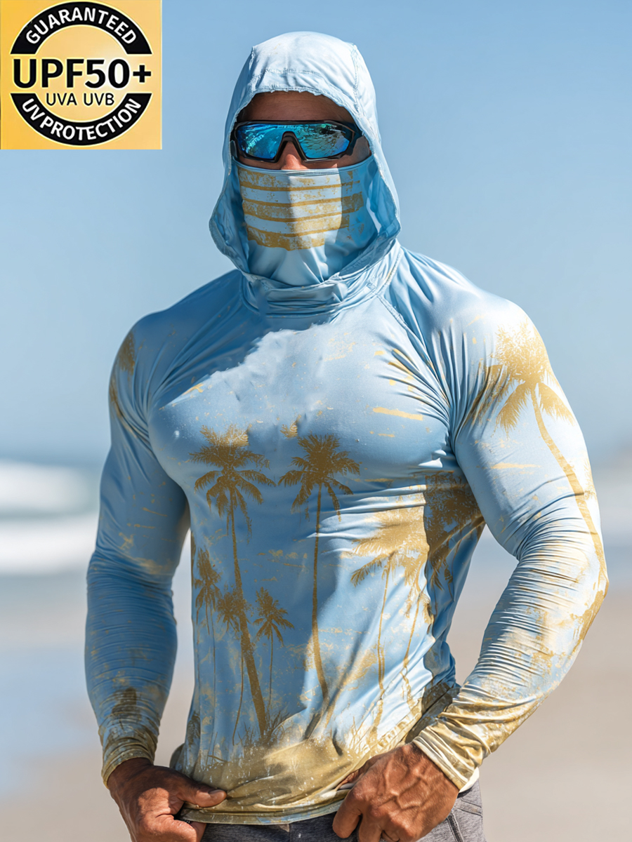 Men's Distressed Palm Tree Pattern Ultra-Cool Breathable Hooded-SunSeaUp