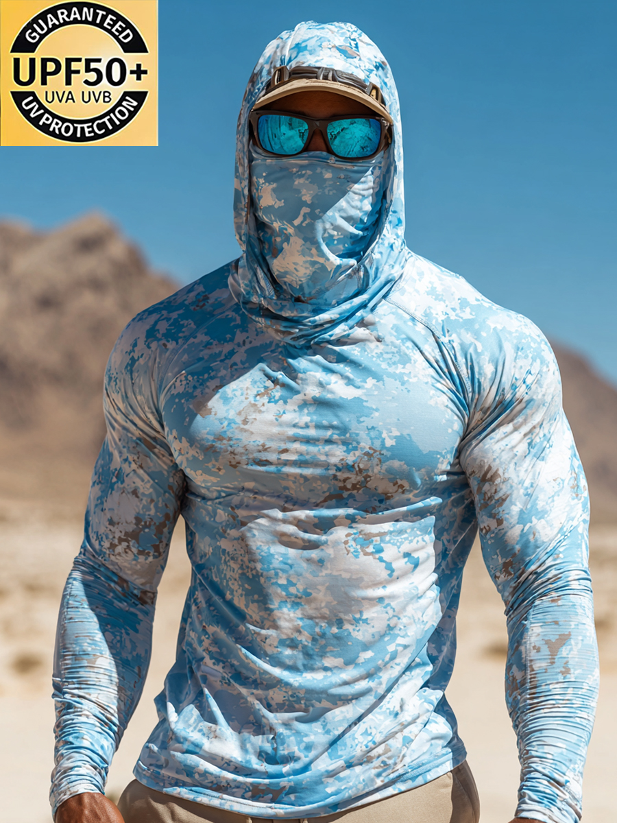 Men's Light Blue Camouflage Pattern Cool Quick-Dry Hooded-SunSeaUp