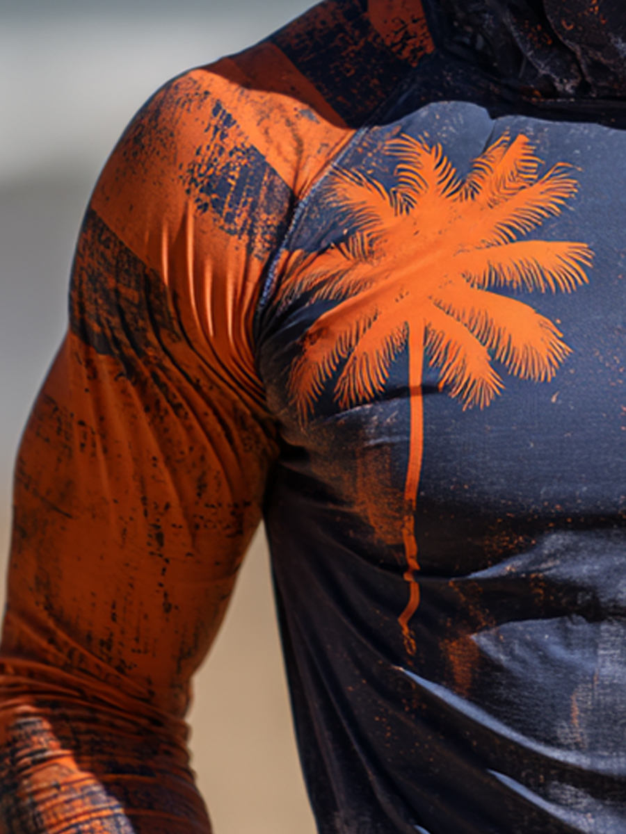 Men's Navy & Orange Tropical Palm Cool Quick-Dry Moisture-Wicking Hooded-SunSeaUp