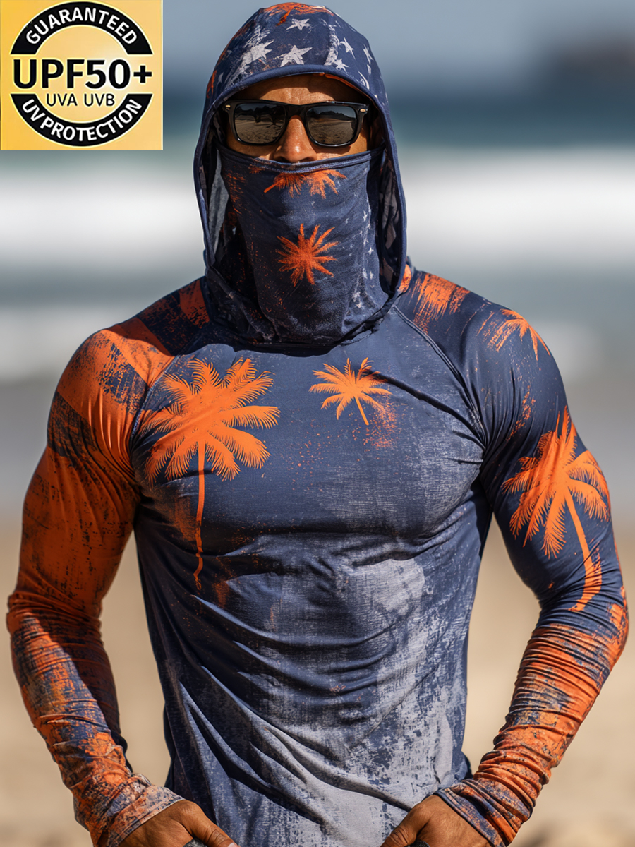 Men's Navy & Orange Tropical Palm Cool Quick-Dry Moisture-Wicking Hooded-SunSeaUp