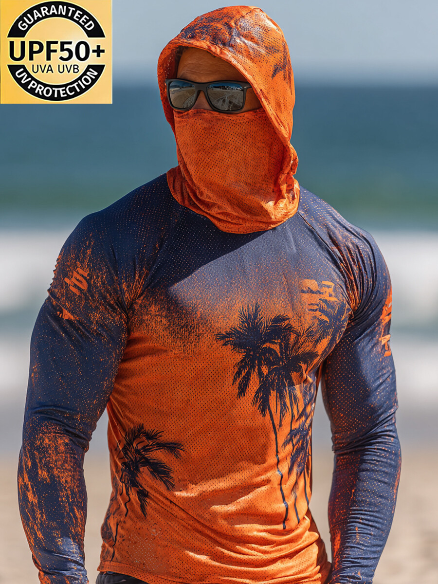 Men's Orange-Blue Tropical Palm Cool Quick-Dry Moisture-Wicking Hooded-SunSeaUp