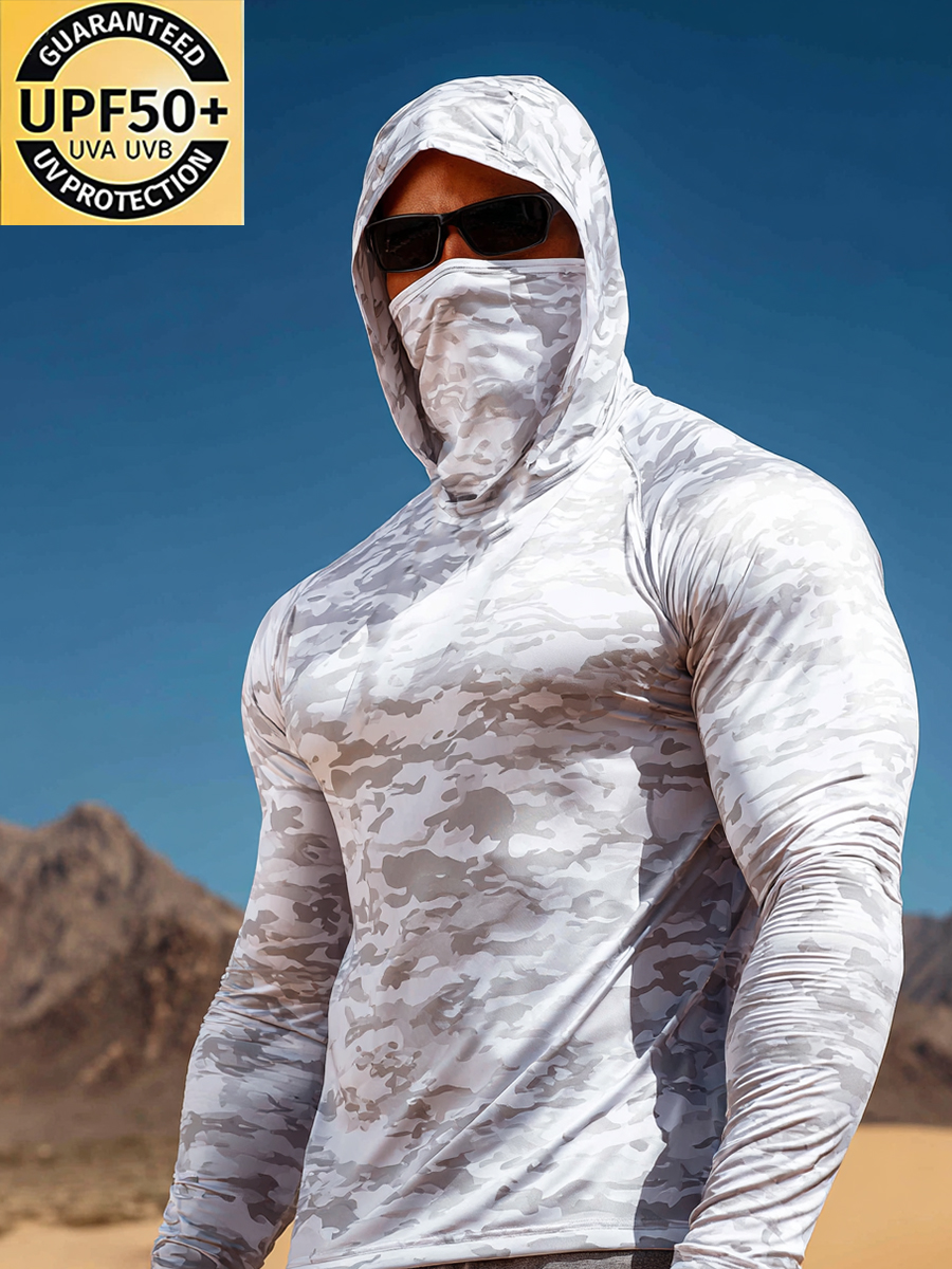 Men's Light Grey Camouflage Pattern Cool Quick-Dry Hooded-SunSeaUp