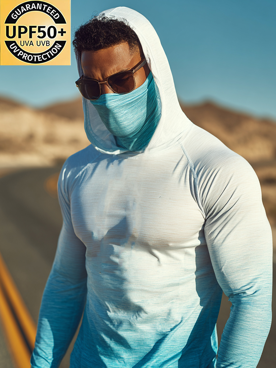 Men's Aqua Ombre Cool Quick-Dry Moisture-Wicking Hooded-SunSeaUp