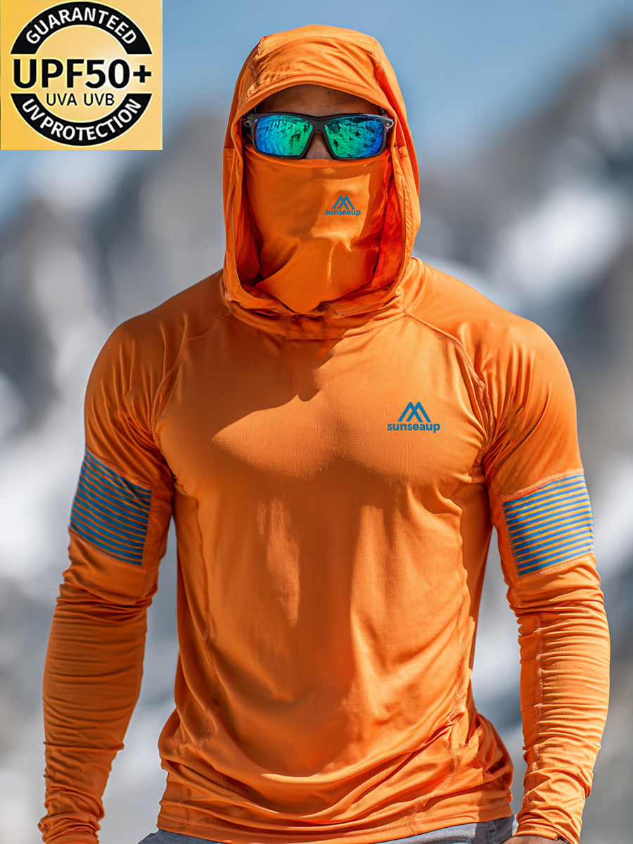 Men's Outdoor Sun Protection Breathable Cool Mask Bright Orange with Blue Mountain Logo Hooded Sun Protection Long Sleeve Top-SunSeaUp