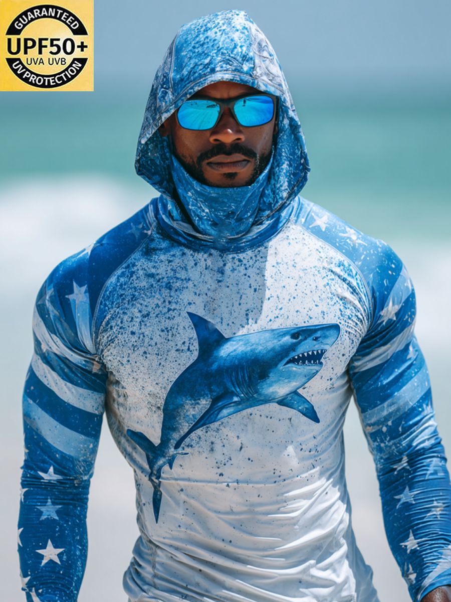 Men'S Raglan Sleeve Finger Gloves Face Mask With Retro Shark Pattern Tie-Dye Print Sun Protection Hoodie-SunSeaUp