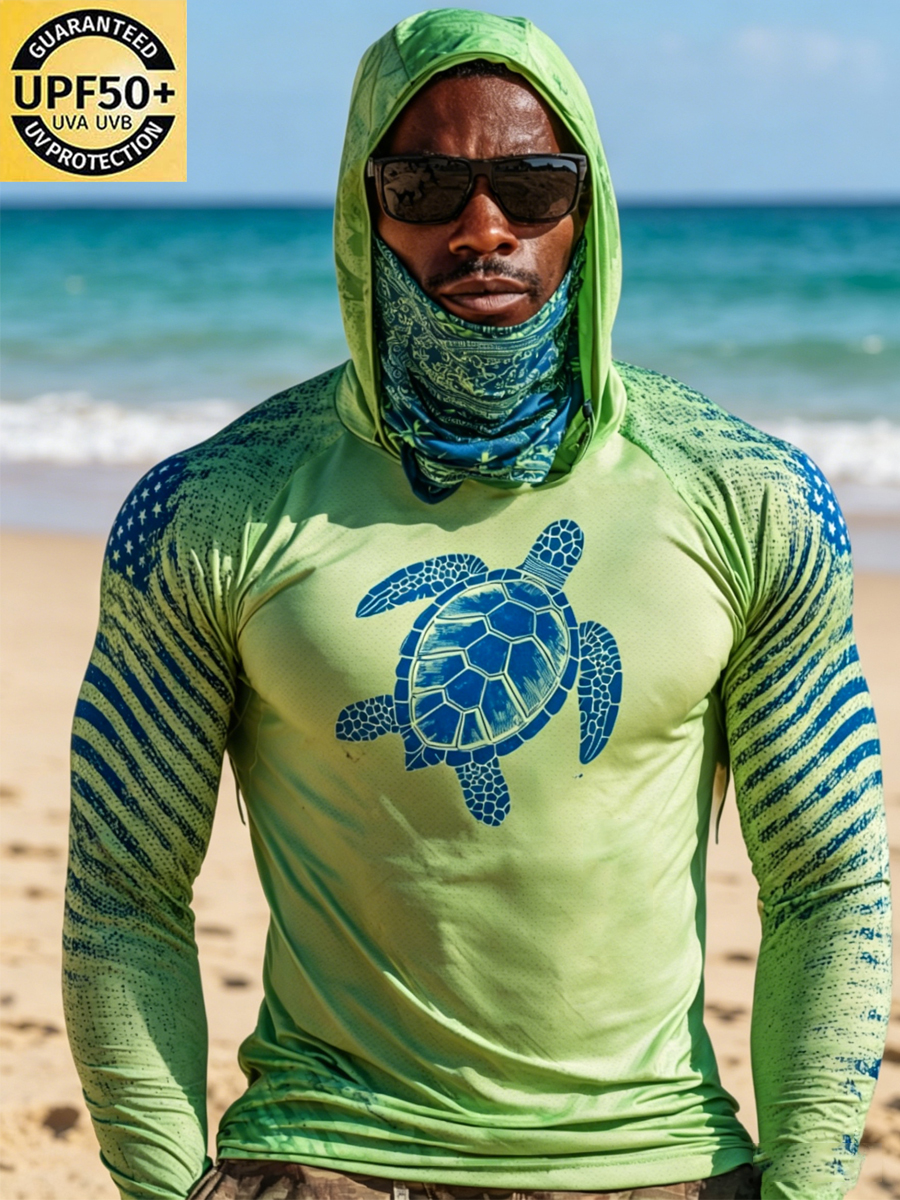 Men'S Raglan Sleeve Finger Gloves Face Mask With Retro Turtle Print Sun Protection Hoodie-SunSeaUp