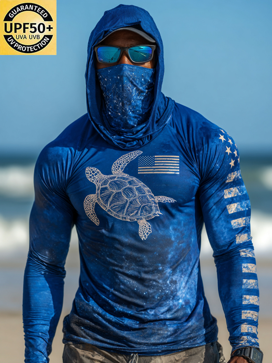 Men'S Raglan Sleeve Finger Gloves Face Mask With Retro Turtle Pattern And Starry Sky Print Sun Protection Hoodie-SunSeaUp