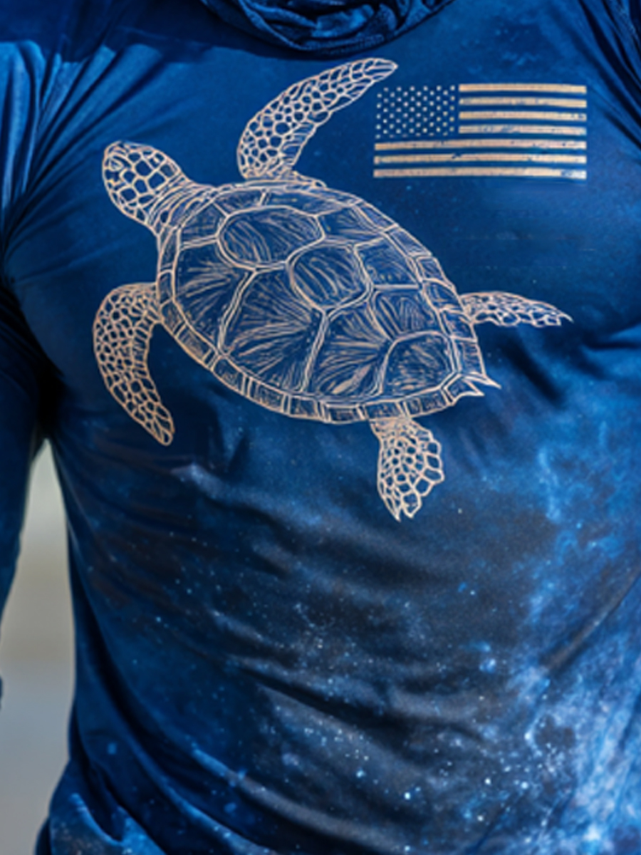 Men'S Raglan Sleeve Finger Gloves Face Mask With Retro Turtle Pattern And Starry Sky Print Sun Protection Hoodie-SunSeaUp