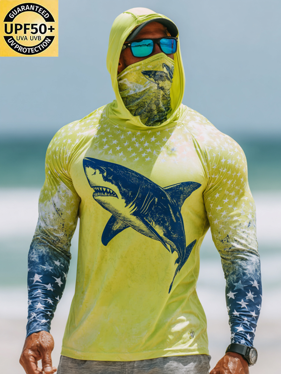 Men'S Raglan Sleeve Finger Gloves Face Mask With Retro Shark Print Sun Protection Hoodie-SunSeaUp