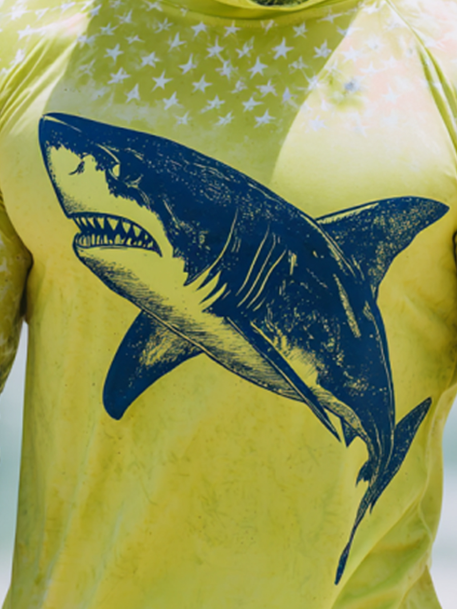 Men'S Raglan Sleeve Finger Gloves Face Mask With Retro Shark Print Sun Protection Hoodie-SunSeaUp