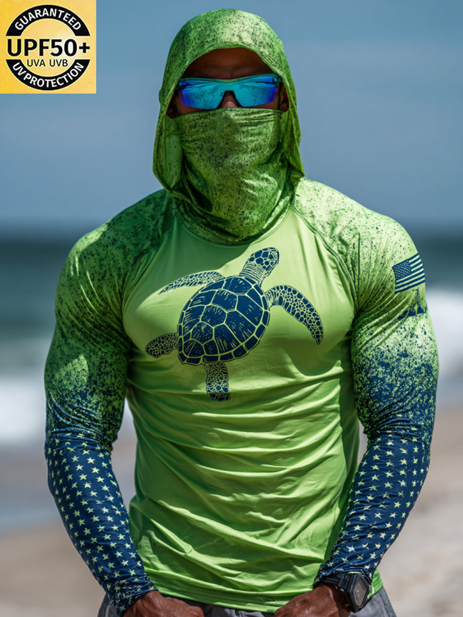 Men'S Raglan Sleeve Finger Gloves Face Mask Retro Cool Turtle Print Sun Protection Hoodie-SunSeaUp