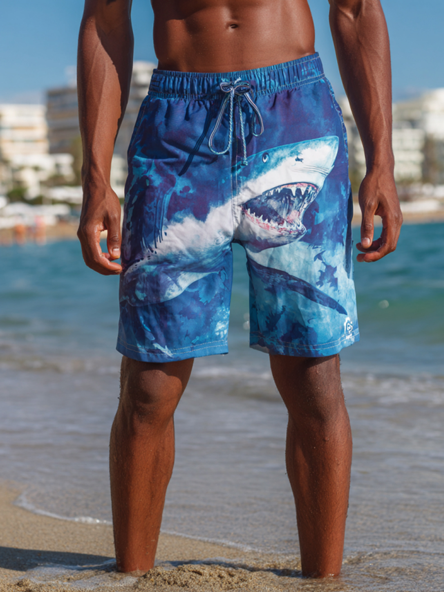Men'S Fierce Great Shark Print Beach Casual Quick-Drying Shorts-SunSeaUp