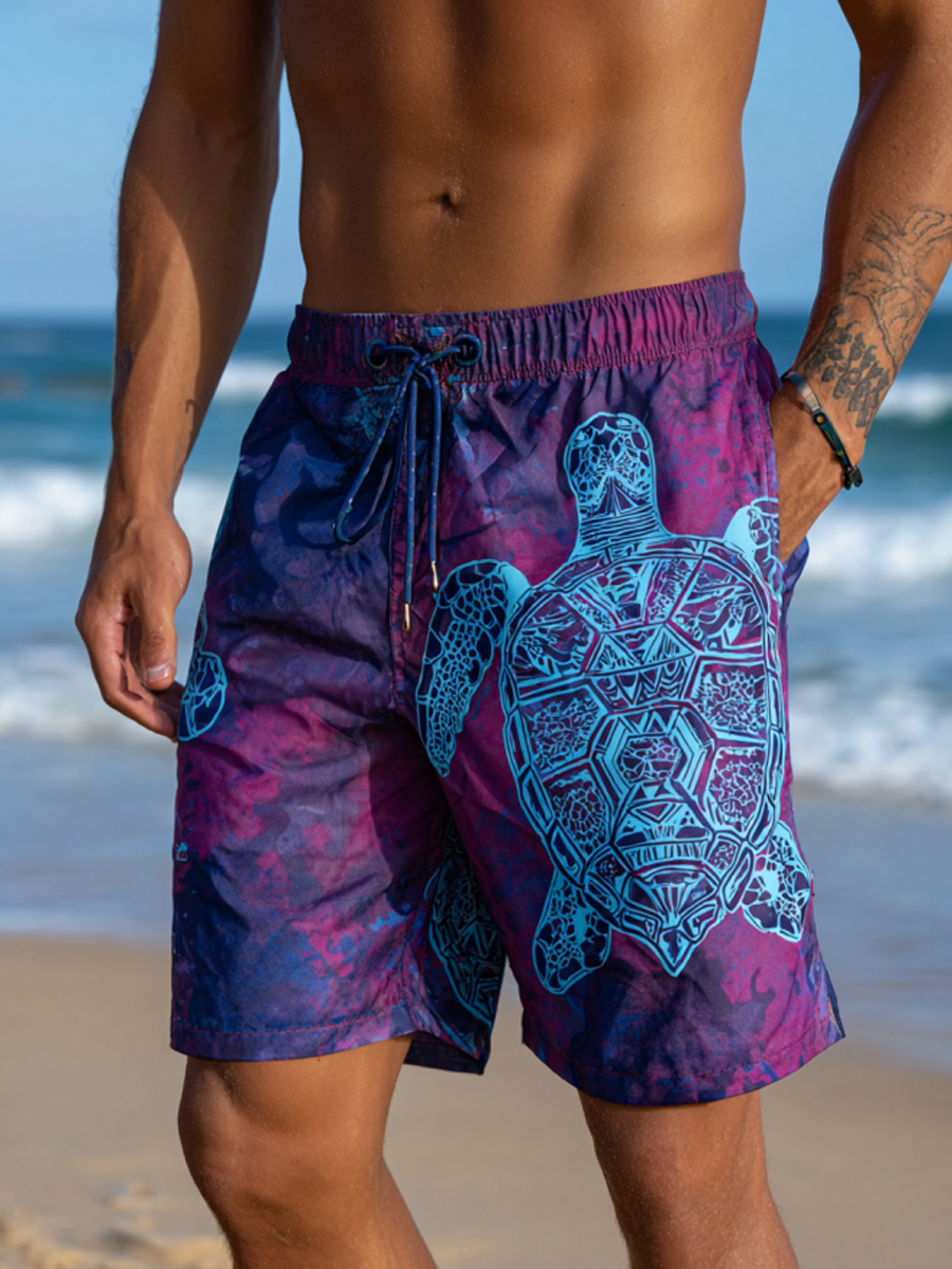 Men'S Cool Turtle Print Beach Casual Quick-Drying Shorts-SunSeaUp