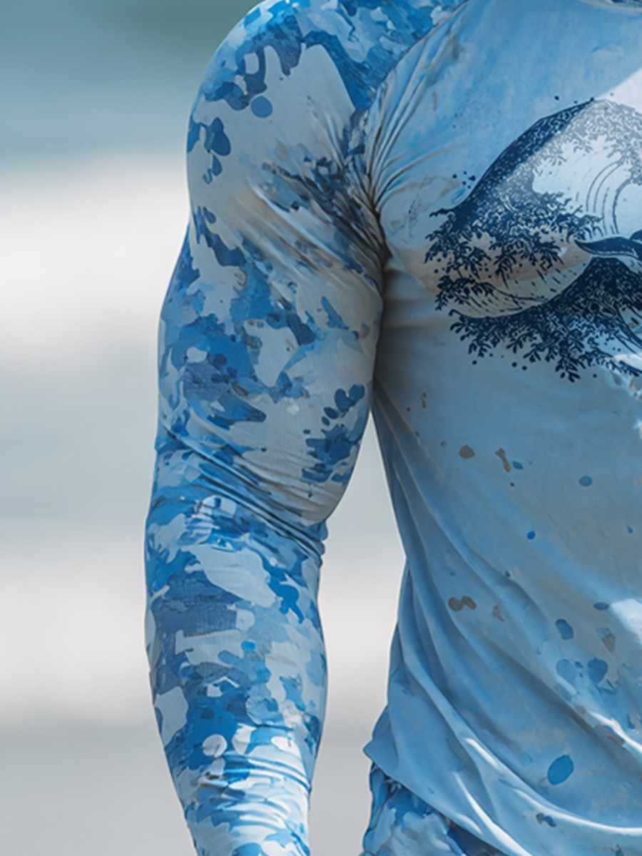Men's "Whale & Ocean" Print Cool Breathable Blue Camo Hooded-SunSeaUp