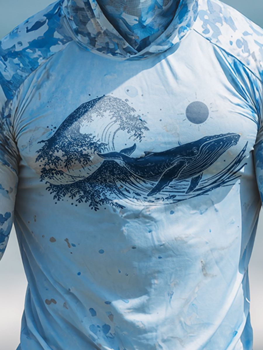 Men's "Whale & Ocean" Print Cool Breathable Blue Camo Hooded-SunSeaUp
