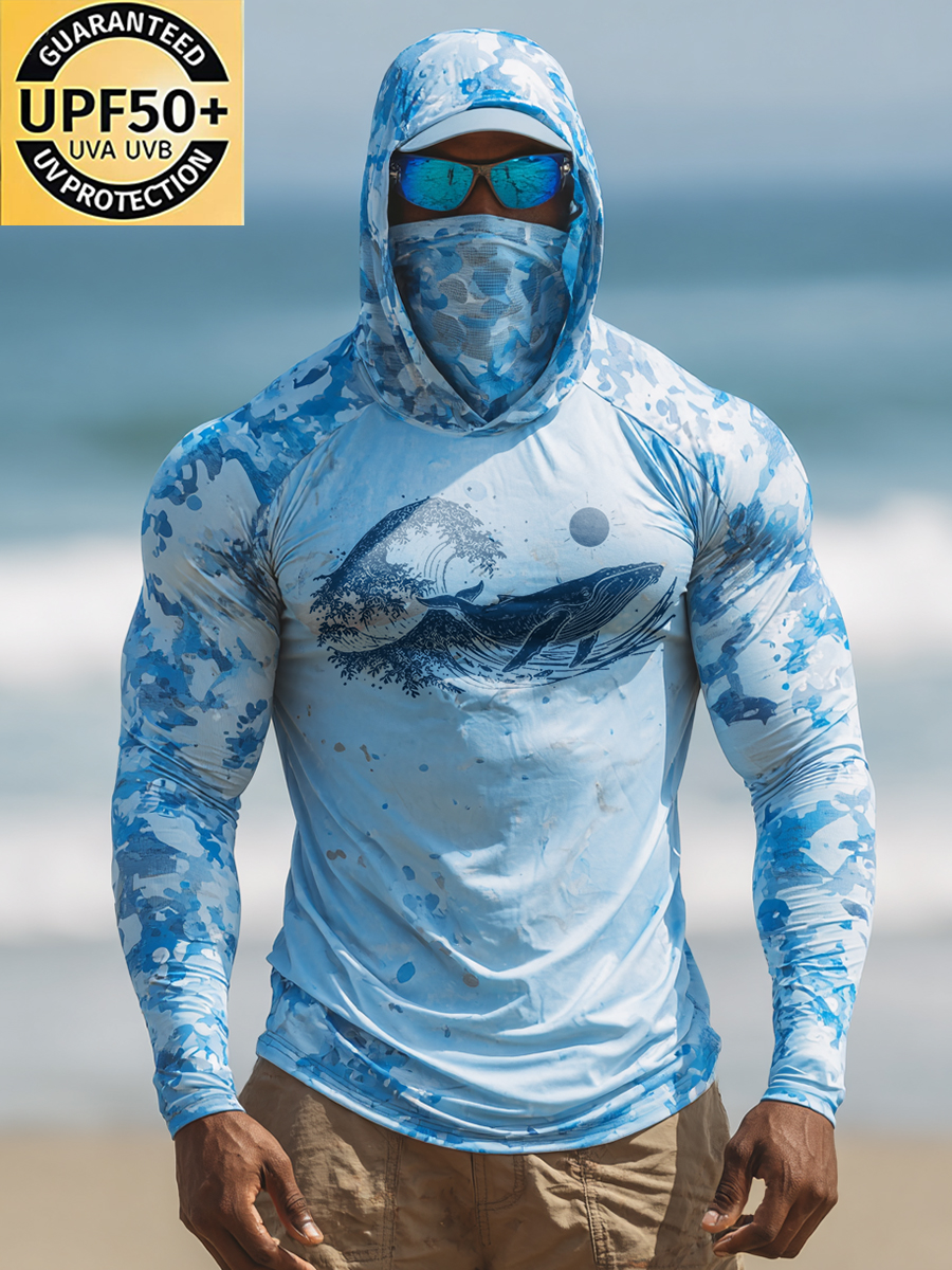 Men's "Whale & Ocean" Print Cool Breathable Blue Camo Hooded-SunSeaUp