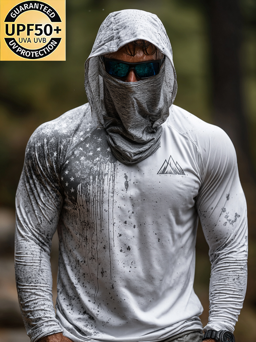 Men's Mountain Logo & Flag Pattern Ultra-Cool Breathable Hooded-SunSeaUp