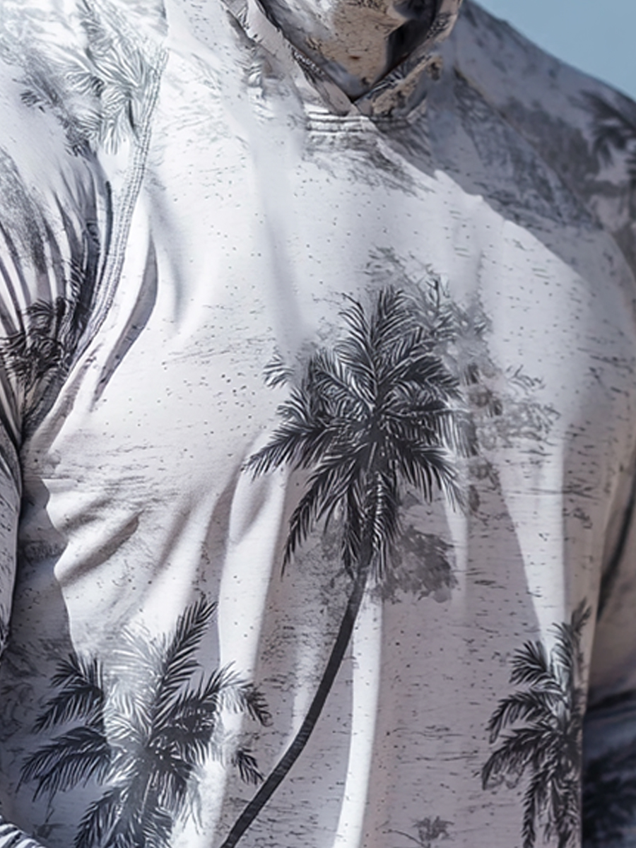 Men's "Palm Tree" Print Cool Breathable Grey-White Hooded-SunSeaUp