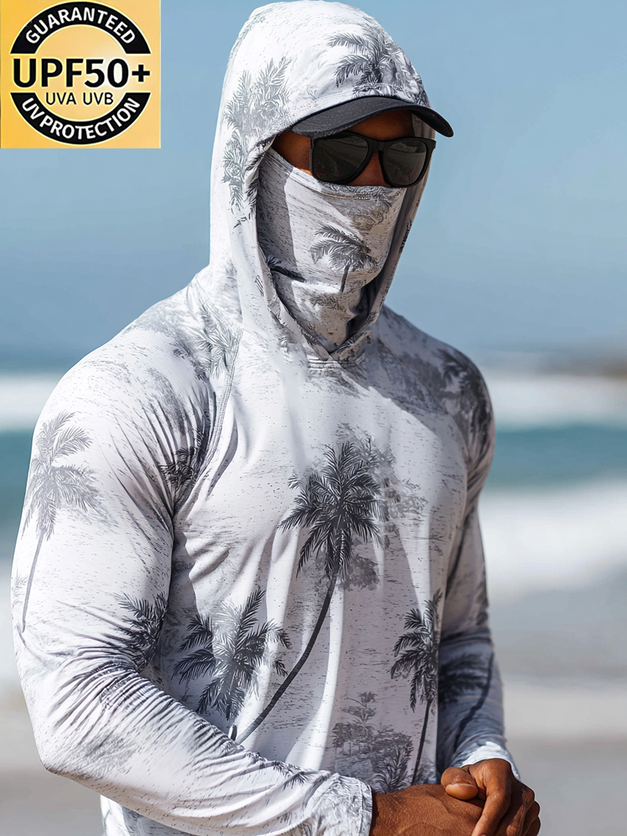Men's "Palm Tree" Print Cool Breathable Grey-White Hooded-SunSeaUp