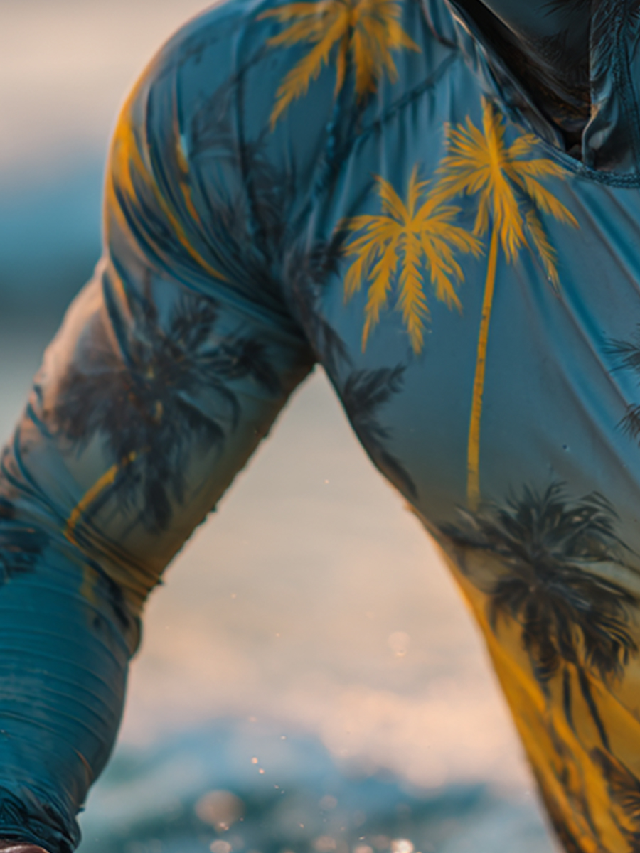 Men's Teal-Yellow Palm Pattern Ultra-Cool Breathable Hooded-SunSeaUp