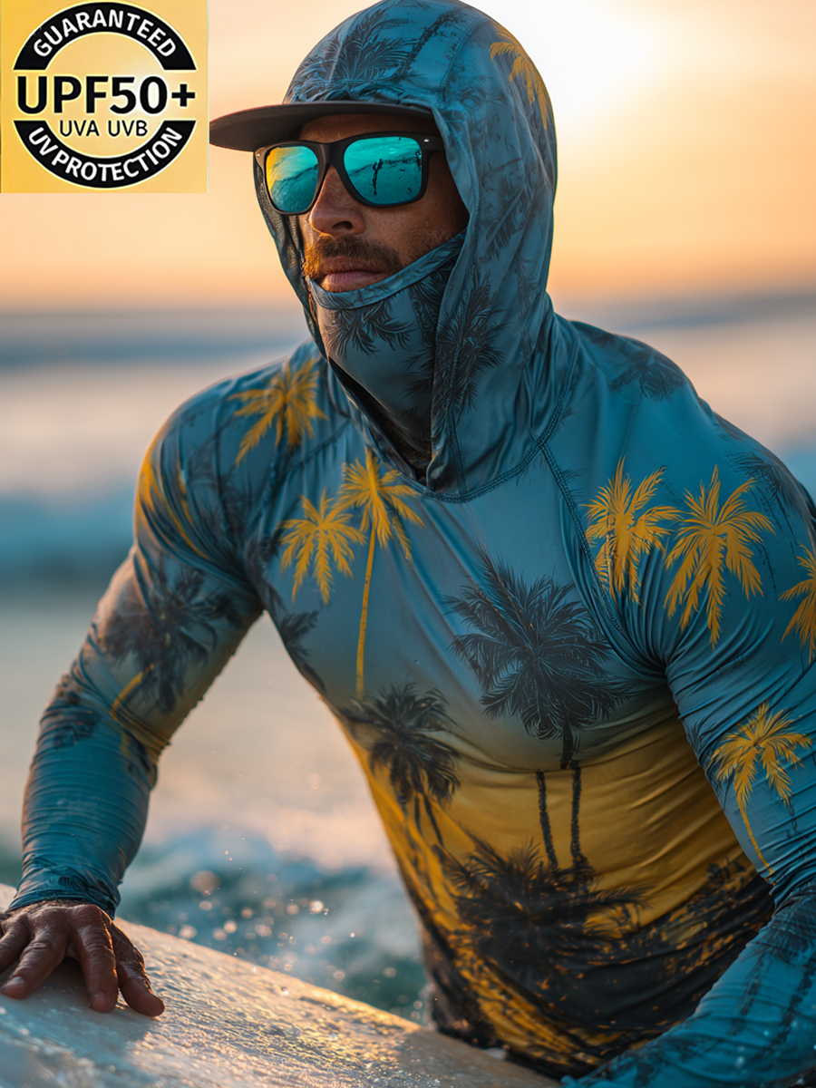Men's Teal-Yellow Palm Pattern Ultra-Cool Breathable Hooded-SunSeaUp