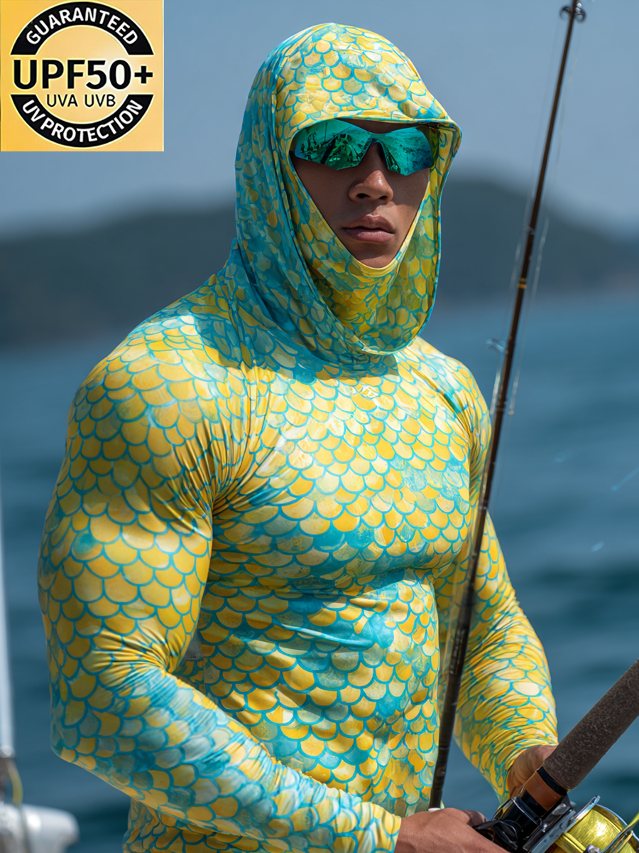 Men's "Fish Scale" Print Cool Breathable Yellow-Teal Hooded-SunSeaUp