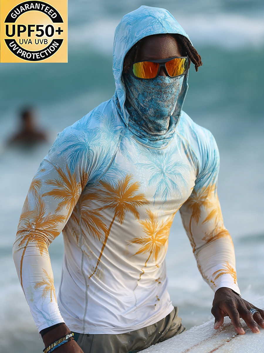 Men's Blue-White Palm Pattern Ultra-Cool Breathable Hooded-SunSeaUp