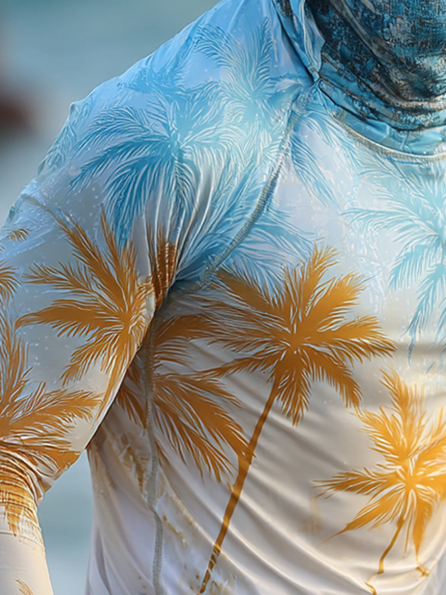 Men's Blue-White Palm Pattern Ultra-Cool Breathable Hooded-SunSeaUp