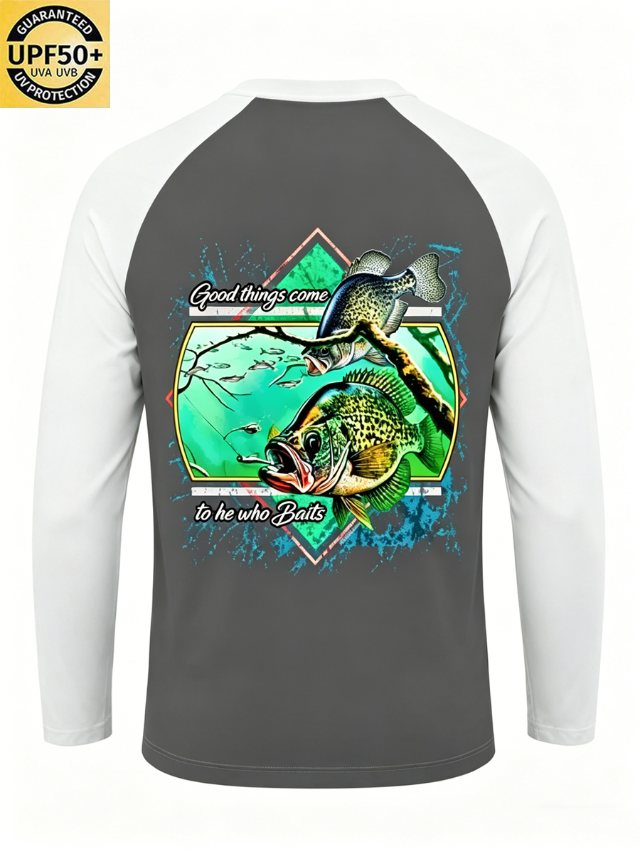 Men's Retro Raglan Sleeve Bass Fishing Print Sun Protection T-Shirt-SunSeaUp