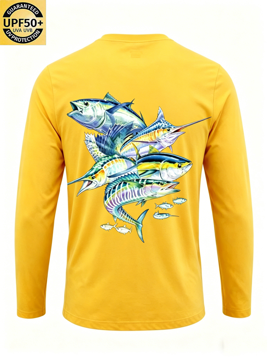 Men's Crew Neck Saltwater Fish Collage Print Sun Protection T-Shirt-SunSeaUp